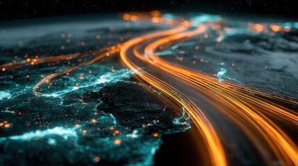 Global investment pathways visualized as glowing highways across Earth, futuristic realism, teal orange palette, 3D render, finance concept