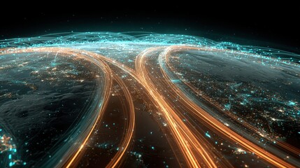 Global investment pathways visualized as glowing highways across Earth, futuristic realism, teal orange palette, 3D render, finance concept