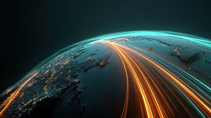 Global investment pathways visualized as glowing highways across Earth, futuristic realism, teal orange palette, 3D render, finance concept