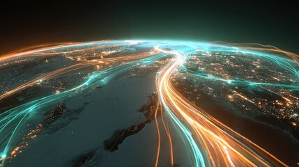 Global investment pathways visualized as glowing highways across Earth, futuristic realism, teal orange palette, 3D render, finance concept