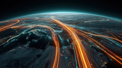 Global investment pathways visualized as glowing highways across Earth, futuristic realism, teal orange palette, 3D render, finance concept