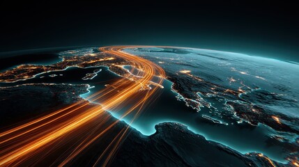 Global investment pathways visualized as glowing highways across Earth, futuristic realism, teal orange palette, 3D render, finance concept