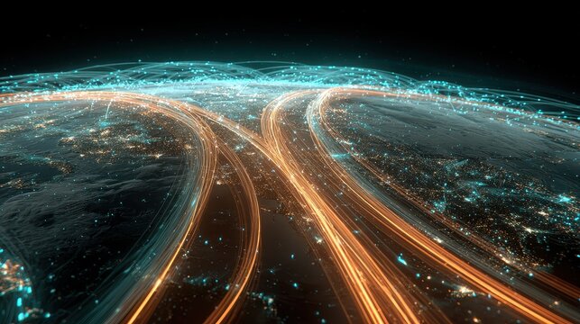 Global investment pathways visualized as glowing highways across Earth, futuristic realism, teal orange palette, 3D render, finance concept