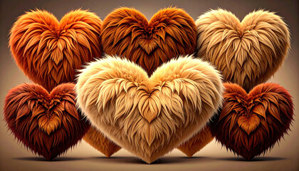 Collection of furry heart shapes in warm natural tones. Cozy and playful love concept combining softness, texture, and decorative design.