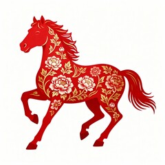 Horse silhouette in red with oriental floral pattern isolated on white background