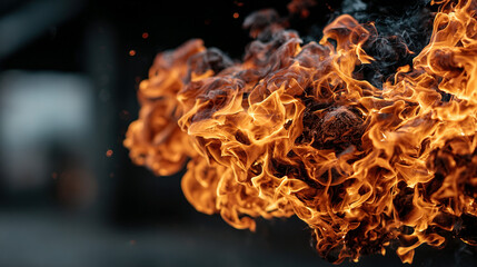 Burning debris with flames and smoke, intense fire in a dark setting.