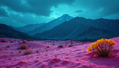 Desert landscape with pink sand and yellow flowers under rainy moody sky with mountain background creating calm atmosphere
