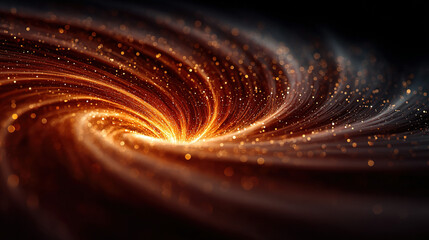 abstract swirling vortex with glowing particles and warm orange hues.