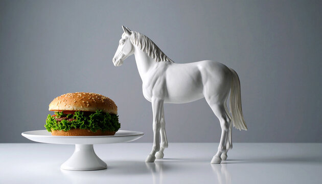 Surreal still life featuring a white horse statue facing a burger on a plate. Conceptual image exploring contrast, irony, art, and modern food symbolism.