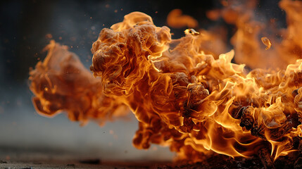 fire explosion with intense flames and smoke in dark setting