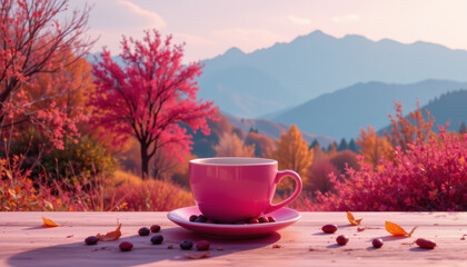 Pink cup on wooden table with autumn leaves and berries, colorful fall trees and mountain landscape in soft warm light