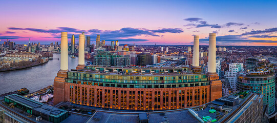 Aerial twilight panorama of Battersea Power Station redevelopment, London UK