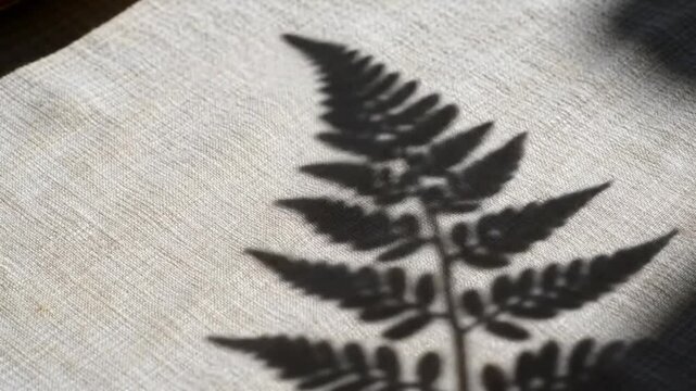 Shadow of a fern leaf casts intricate patterns on textured fabric.