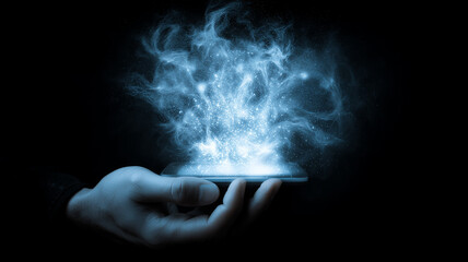 A human hand holding a smartphone emitting abstract digital energy and data streams, representing mobile technology power, connectivity and digital transformation concept.