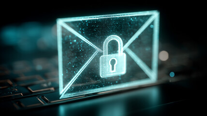 A secure digital email envelope displayed on a keyboard, illustrating protected messaging, information security and online privacy.
