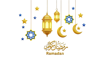 Ramadan Kareem Islamic Decorations with Lanterns, Moon, Stars, and Arabic Calligraphy