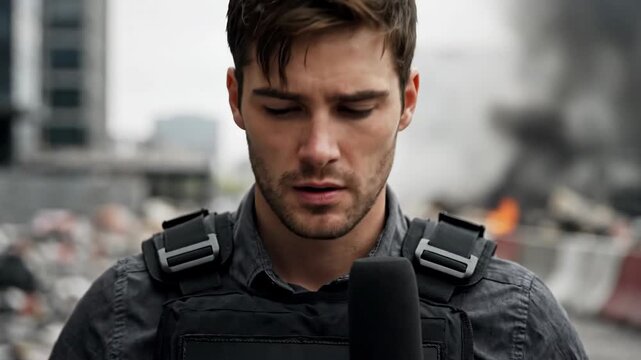 Young journalist in bulletproof vest holds microphone in urban destruction zone. Focused young journalist prepares for live broadcast, using smartphone for reports. Dynamic portrayal of media,