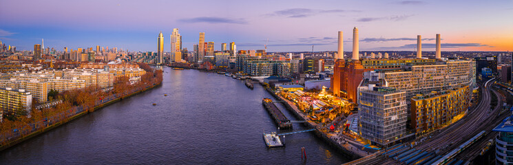 Christmas at Battersea Power Station panorama on River Thames, London UK