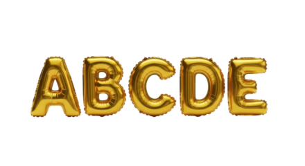 five shiny metallic gold foil letter balloons (a, b, c, d, e) arranged horizontally on a transparent surface, set against an isolated transparent background. concept for luxury celebration branding