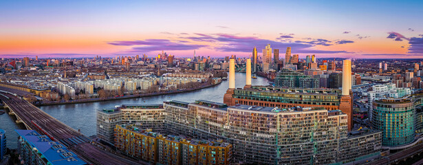 Aerial twilight panorama of Battersea Power Station redevelopment, London UK