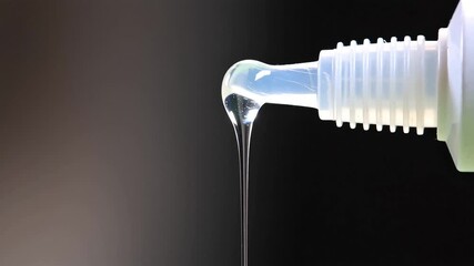 Close up view of transparent viscous glue dripping from white plastic nozzle in clear colors representing adhesive application or repair process
