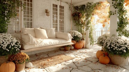 Cozy autumn porch swing with pumpkins and chrysanthemums creating a warm seasonal ambiance