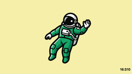 Obraz premium Cartoon Astronaut Floating in Space with Green Suit and Waving Hand.