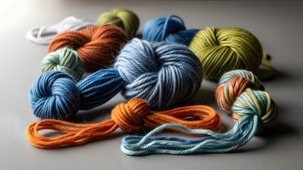  Abstract fiber art with colorful yarn knots in clean composition