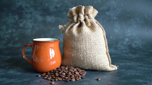 Orange mug sits beside coffee beans and a burlap sack.
