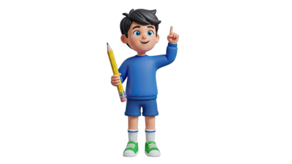3D Boy with Pencil and Raised Finger