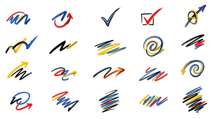 Collection of Hand-Drawn Scribble Arrows and Checkmarks in Various Colors.