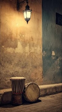 Traditional Drums and Illuminated Lantern against Aged Wall in Night Alley (Vertical Video)