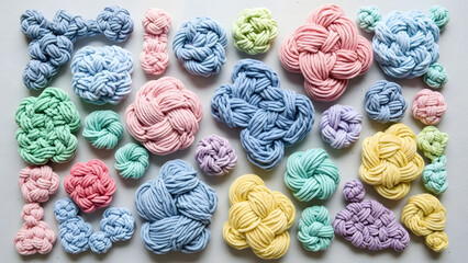 Artistic pastel yarn knots and handcrafted textile art