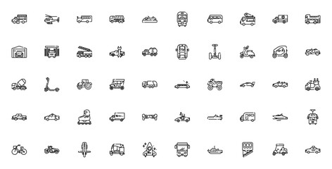 Vehicles and Transport icon set. Vector transport collection. Featuring food truck, helicopter, school bus, dump truck, metro, scooter, tractor, ambulance, ship, taxi and more. © wang