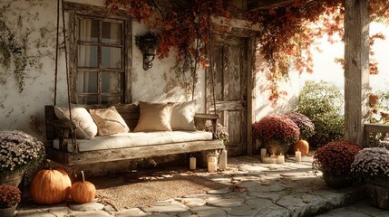 Cozy autumn porch scene with swing pumpkins and mum flowers with falling leaves