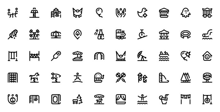 Amusement park icon set. Vector illustration featuring rides like roller coaster, Ferris wheel, merry-go-round, and symbols for playground, games, food, and more.