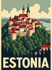 A large castle sits on a hilltop in Estonia. It features tall towers and a variety of roofs. Green trees and an open landscape surround the structure. A river flows in the background.