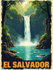 A waterfall cascades down rocky cliffs into a clear blue pool. Surrounding trees and plants create a vibrant scene in El Salvador. Sunlight shines through the foliage, highlighting the scene.