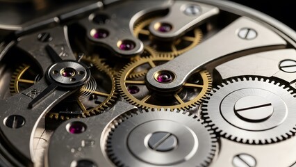 Extreme close-up of old tarnished silver pocket watch mechanism with visible gears and ruby jewel bearings on dark background