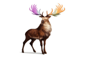 Fantasy stag with rainbow colored antlers standing, mystical creature representing pride and individuality