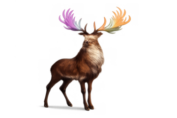 Fantasy stag with rainbow colored antlers standing, mystical creature representing pride and individuality
