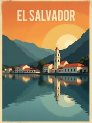 The sun sets behind mountains, casting orange light over a lake. A building with a clock tower is near the water, showing its reflection in the calm surface.