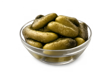 Pickles filling glass bowl, crunchy gherkins offering healthy snack, preserved vegetable food, ready to eat side dish