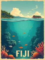 Colorful fishes swim through clear water near a coral reef. Above, a wooden lodge rests on stilts with palm trees nearby. The sky shows a few clouds and distant mountains in Fiji.