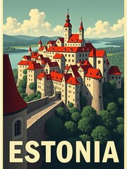 A large castle with many towers and red rooftops stands among green trees. The scene shows a lake in the background. The sunlight brightens the landscape and creates a clear blue sky.