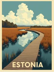 A long wooden pathway that curves through a marshy area in Estonia. The pathway leads to water with clouds reflecting on the surface. Tall grass surrounds the path.