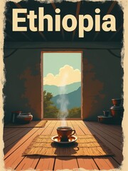 A view of a room in Ethiopia shows a cup of coffee on a woven mat. Sunlight shines through a doorway, highlighting the landscape outside. Steam rises from the cup, suggesting warmth and comfort.