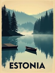 A calm lake is surrounded by tall trees with a boat floating quietly. The morning light reflects on the water surface, creating a serene view. Mist hovers over the lake, adding to the scene.