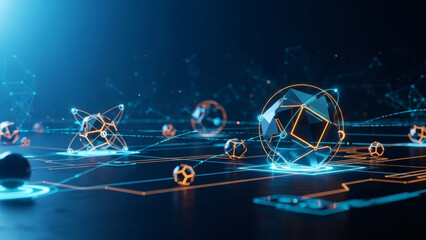 Futuristic Digital Network with Geometric Shapes and Glowing Connections