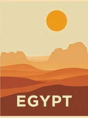 A desert scene shows rolling sand dunes in warm colors under a large sun. Mountains rise in the distance. The setting captures the essence of Egypts natural beauty and open space.